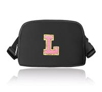 Preppy Sac banane avec initiales, sac banane tendance pour adolescentes, sac à bandoulière tendance pour adolescentes, joli sac banane avec sangle réglable, noir, Taille L :