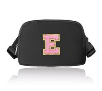 Preppy Sac banane avec initiales, sac banane tendance pour adolescentes, sac à bandoulière tendance pour adolescentes, joli sac banane avec sangle réglable, noir, E
