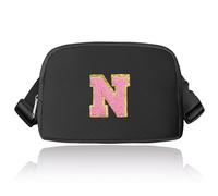 Preppy Sac banane avec initiales, sac banane tendance pour adolescentes, sac à bandoulière tendance pour adolescentes, joli sac banane avec sangle réglable, noir, N