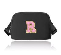 Preppy Sac banane avec initiales, sac banane tendance pour adolescentes, sac à bandoulière tendance pour adolescentes, joli sac banane avec sangle réglable, noir, R