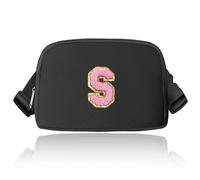 Preppy Sac banane avec initiales, sac banane tendance pour adolescentes, sac à bandoulière tendance pour adolescentes, joli sac banane avec sangle réglable, noir, Taille S