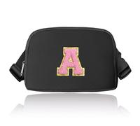 Preppy Sac banane avec initiales, sac banane tendance pour adolescentes, sac à bandoulière tendance pour adolescentes, joli sac banane avec sangle réglable, noir, A
