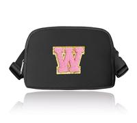 Preppy Sac banane avec initiales, sac banane tendance pour adolescentes, sac à bandoulière tendance pour adolescentes, joli sac banane avec sangle réglable, noir, Largeur :