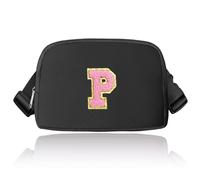 Preppy Sac banane avec initiales, sac banane tendance pour adolescentes, sac à bandoulière tendance pour adolescentes, joli sac banane avec sangle réglable, noir, P