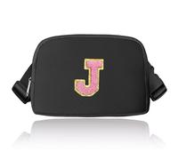Preppy Sac banane avec initiales, sac banane tendance pour adolescentes, sac à bandoulière tendance pour adolescentes, joli sac banane avec sangle réglable, noir, J