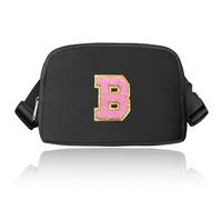 Preppy Sac banane avec initiales, sac banane tendance pour adolescentes, sac à bandoulière tendance pour adolescentes, joli sac banane avec sangle réglable, noir, B