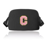 Preppy Sac banane avec initiales, sac banane tendance pour adolescentes, sac à bandoulière tendance pour adolescentes, joli sac banane avec sangle réglable, noir, C