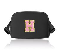 Preppy Sac banane avec initiales, sac banane tendance pour adolescentes, sac à bandoulière tendance pour adolescentes, joli sac banane avec sangle réglable, noir, H
