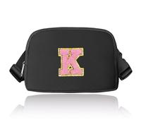 Preppy Sac banane avec initiales, sac banane tendance pour adolescentes, sac à bandoulière tendance pour adolescentes, joli sac banane avec sangle réglable, noir, K