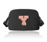 Preppy Sac banane avec initiales, sac banane tendance pour adolescentes, sac à bandoulière tendance pour adolescentes, joli sac banane avec sangle réglable, noir, Y