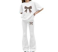 Preppy Summer 2 pièces Co Ord, T-shirt à manches courtes avec nœud imprimé, pantalon évasé à jambe large, sépare de la lumière douce pour les activités quotidiennes décontractées des filles (1D-blanc