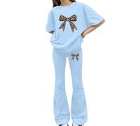 Preppy Summer 2 pièces Co Ord, T-shirt à manches courtes avec nœud imprimé, pantalon évasé à jambe large, sépare de la lumière douce pour les activités quotidiennes décontractées des filles (1D-bleu