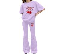 Preppy Summer 2 pièces Co Ord, T-shirt à manches courtes avec nœud imprimé, pantalon évasé à jambe large, pantalon évasé décontracté et léger pour activités quotidiennes de filles (1C-violet, 10-11
