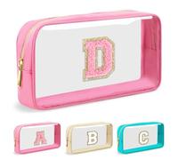 Preppy Trousse de maquillage transparente avec lettre initiale personnalisée, petite trousse cosmétique en nylon et PVC à fermeture éclair avec lettre chenille, trousse de toilette portable pour la