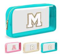 Preppy Trousse de maquillage transparente avec lettre initiale personnalisée, petite trousse cosmétique en nylon et PVC à fermeture éclair avec lettre chenille, trousse de toilette portable pour la