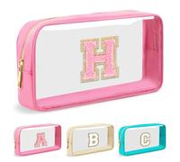 Preppy Trousse de maquillage transparente avec lettre initiale personnalisée, petite trousse cosmétique en nylon et PVC à fermeture éclair avec lettre chenille, trousse de toilette portable pour la