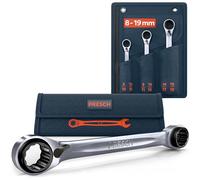 PRESCH Jeu de 4-en-1 clés à cliquet annulaire double 3 pcs avec sacoche 8-19 mm - Fonction à cliquet réversible - Clés extrêmement robuste avec 90 dents & angle de reprise de 4°