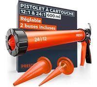 Presch Pistolet silicone 600ml incl. 2 embouts - Pistolet à calfeutrer commutable 24:1 & 12:1 pour tous mastics & adhésifs (acrylique, silicone & PU) - Seringue rotative 360° & poignée antidérapante