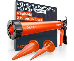 Presch Pistolet silicone 600ml incl. 2 embouts - Pistolet à calfeutrer commutable 24:1 & 12:1 pour tous mastics & adhésifs (acrylique, silicone & PU) - Seringue rotative 360° & poignée antidérapante