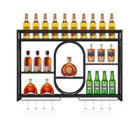 Présentant à vin Mural à 3 Niveaux avec lumière LED, étagères en Fer Flottant pour Bouteilles d’Alcool, étagère Suspendue avec Porte-Verres à vin, décoration de Fond de la Cuisine du Bar (no