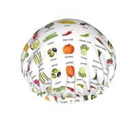 Présentation de divers bonnets de douche imprimés de légumes - Bonnet de bain réutilisable, double couche, sangle élastique réglable, essentiel de voyage durable
