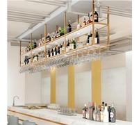 Présentation de verre à vin suspendu étagère flottante, support de plante en fer forgé flottante, support de bouteille de vin avec garde-corps, porte-vin murale, bar / cuisine / vivant, or, 60 x 30