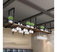 Présentation de vitraux à vin au plafond - Hauteur de verre à vin en bois massif en fer forgé, plafond de rangement suspendu, porte-affiche murale, étagères flottantes pour la restauration du bar de