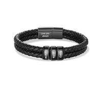 Presentimental Bracelet Cuir Homme Personnalisé Prénom Gravé Acier Inoxydable Cadeau pour Papa, Mari, Petit Ami (noir-3 nom)