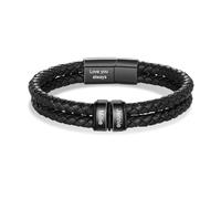 Presentimental Bracelet Cuir Homme Personnalisé Prénom Gravé Acier Inoxydable Cadeau pour Papa, Mari, Petit Ami (noir-2 nom)