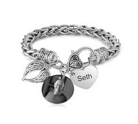 Presentimental Bracelet Souvenir Coeur Ailes Personnalisé avec Nom Photo Bracelet Personnalisé en Acier inoxydable (A)