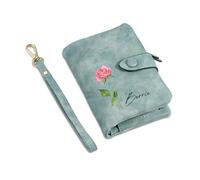 Presentimental Portefeuille Cuir Personnalisé Femme Nom de Naissance Fleur Portefeuille Cadeau pour Maman Fête des mères Noël Anniversaire (Vert)