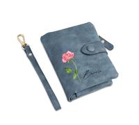 Presentimental Portefeuille Cuir Personnalisé Femme Nom de Naissance Fleur Portefeuille Cadeau pour Maman Fête des mères Noël Anniversaire (Bleu)
