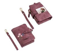 Presentimental Portefeuille Femme avec Photo Gravée Nom Personnalisé Porte-Monnaie Cuir Nom de Naissance Fleur Portefeuille Cadeau pour Maman Fête des mères Noël Anniversaire (Pourpre)