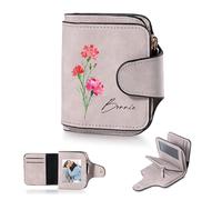 Presentimental Portefeuille Personnalisé avec Fleur d'anniversaire Nom Photo Cuir PU Poche à Monnaie Cadeau pour Maman Mamie Femme Petite Amie (Rose)