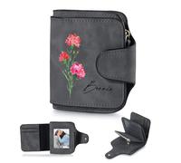 Presentimental Portefeuille Personnalisé avec Fleur d'anniversaire Nom Photo Cuir PU Poche à Monnaie Cadeau pour Maman Mamie Femme Petite Amie (Gris foncé)
