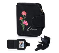 Presentimental Portefeuille Personnalisé avec Fleur d'anniversaire Nom Photo Cuir PU Poche à Monnaie Cadeau pour Maman Mamie Femme Petite Amie (Noir)