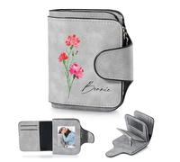 Presentimental Portefeuille Personnalisé avec Fleur d'anniversaire Nom Photo Cuir PU Poche à Monnaie Cadeau pour Maman Mamie Femme Petite Amie (Gris Clair)