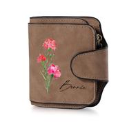 Presentimental Portefeuille Personnalisé avec Fleur d'anniversaire Nom Photo Cuir PU Poche à Monnaie Cadeau pour Maman Mamie Femme Petite Amie (Marron)