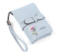 Presentimental Portefeuille Personnalisé pour Femme Portefeuille avec Fleur d'anniversaire Nom Cuir Portefeuille Cadeau pour Femme Anniversaire Noël Fête des mères Saint-Valentin (Bleu)