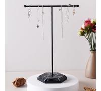 Présentoir à bijoux en forme de T pour colliers, boucles d'oreilles, support en métal avec plateau à motif marbré, présentoir à bijoux pour bracelets, bagues, montres, clés (noir)