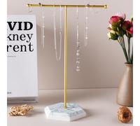 Présentoir à bijoux en T pour colliers, boucles d'oreilles, support à suspendre en métal avec plateau à motif marbré, présentoir à bijoux pour bracelets, bagues, montres, clés (doré)