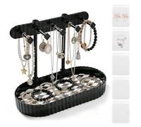 Présentoir à bijoux, petit, avec 5 sacs à bijoux, multifonctionnel, avec plateau de fond, porte-boucles d'oreilles, rangement pour colliers, bracelets, bracelets, bagues, montres (rayures noires)