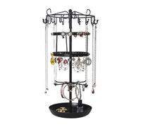 Présentoir à Bijoux Rotatif à 4 Niveaux, 24 Crochets & 72 Trous pour 36 Paires de Boucles d’Oreilles, Arbre à Bijoux en Métal pour Colliers, Bracelets, Bagues et Boucles d’Oreilles, H42 x D20 cm,Noir