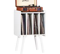 Présentoir À Disques En Bois Avec 4 Placards,Table De Tourne-Disque Mid-Century En Vinyle Avec Pieds En Bois Massif,Peut Contenir Jusqu'À 100 Albums,Étagère Pour Disques Vinyles,Blanc