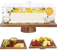 Présentoir à gâteau rectangulaire 2 en 1 en bois d'acacia avec couvercle - Plateau de service et présentoir à dessert en acrylique incassable (13 cm de haut), plateau de charcuterie pour fromage