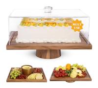 Présentoir à gâteau rectangulaire 2 en 1 en bois d'acacia avec couvercle - Plateau de service et présentoir à dessert en acrylique incassable (13 cm de haut), plateau de charcuterie pour fromage