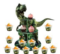 Présentoir à gâteaux à 3 étages - Tour à cupcakes - Décoration de fête d'anniversaire sur le thème des dinosaures