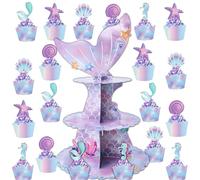 Présentoir à gâteaux à 3 niveaux - Tour de cupcake + 20 emballages pour cupcakes + 20 tops, monde sous-marin, thème sirènes de rêve - Décoration d'anniversaire