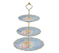 Présentoir à gâteaux vintage à 3 étages en céramique avec beau motif de rose classique - Rack alimentaire pour présentation de plateau à gâteau (bleu)