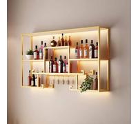 Présentoir à vin Mural monté dans la Cuisine Maison avec lumières LED, étagère Murale Industrielle, Porte-vins Mural en Fer, Porte-gobelet Suspendu en métal de Grande capacité (Or, 150cm/59i